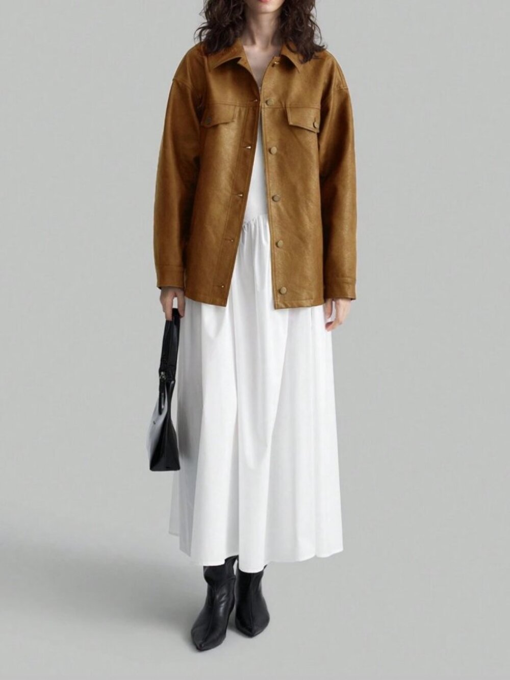 Camel Faux Leather Snap Front Jacket with Flap Pockets - Picture 5 of 9